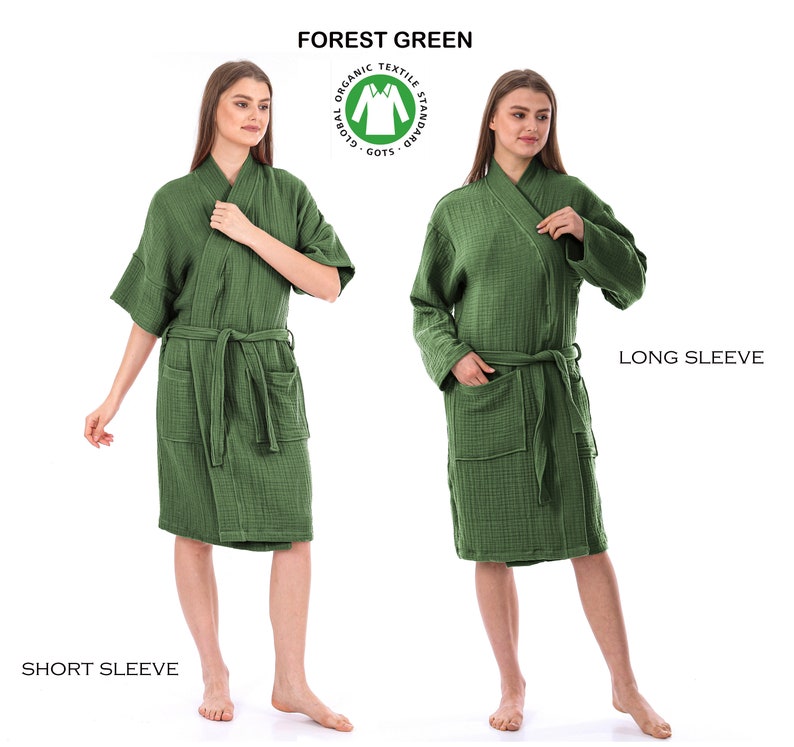 Organic Pure Cotton 4 Layer Gauze Kimono Robe, Muslin Bathrobe, Short & Long Sleeve Kimono, Soft Summer Bathrobe, Adult Kimono Robe Forest Green