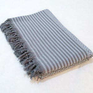 Oversized Boho Blanket, Cotton Bed Throw Blanket, Cotton Farmhouse Blanket, Natural Turkish Blanket, Large Bed Cover Light Blue
