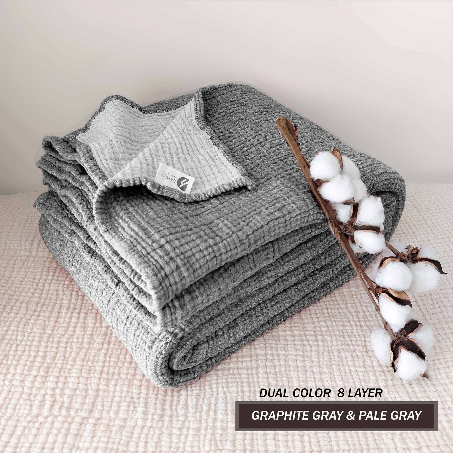 Oversized 8 Layer Gauze Throw ,King size Muslin, Adult Soft Bedspread, Organic Cotton Throw Blanket, Sofa Throw ,Queen, Twin, Toddler - G. Gray & Pale gray, Full Size US/CA