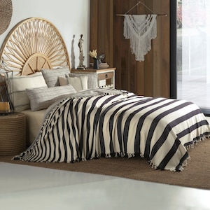 Cotton Throw, Boho Bedspread, Black and Cream Home Decor, Organic Handmade Queen Size Blanket