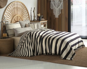 Cotton Throw, Boho Bedspread, Black and Cream Home Decor, Organic Handmade Queen Size Blanket