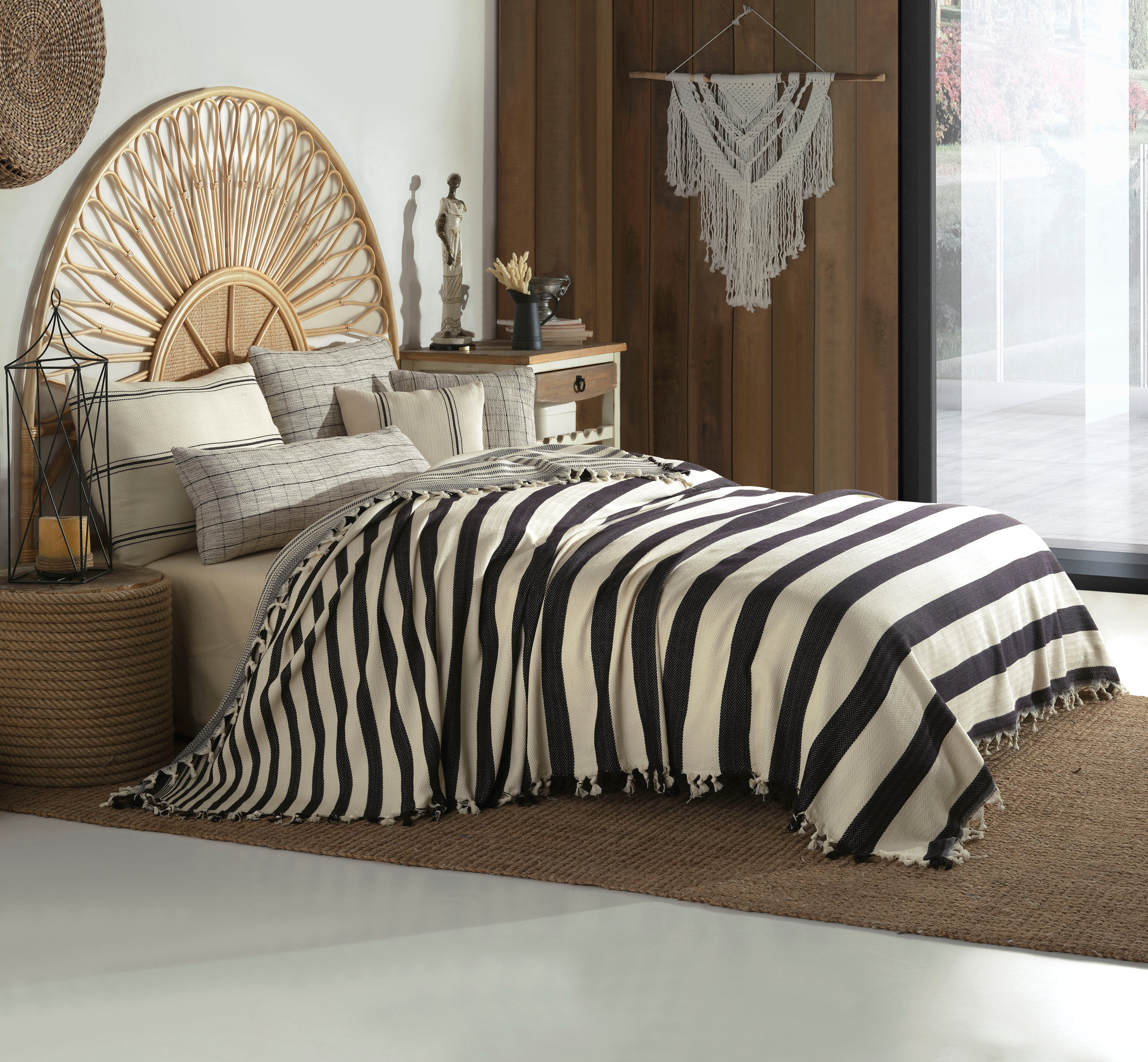 Cotton Throw, Boho Bedspread, Black and Cream Home Decor, Organic Handmade Queen Size Blanket