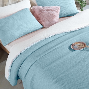 May include: A light blue throw blanket with a white fringe border. The blanket is folded on a bed with white and light blue pillows.