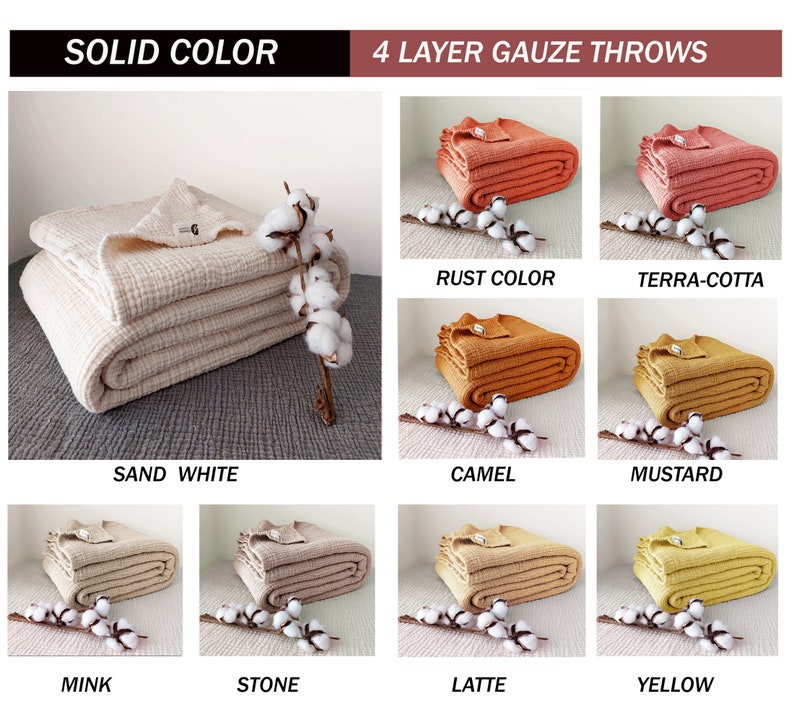 May include: Ten different colours of 4-layer gauze throws. The throws are folded and arranged in a grid pattern. Each throw is photographed on a white surface with a sprig of cotton.