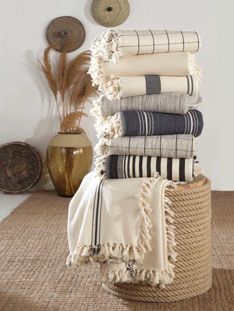 Cream Organic King Bedspread, Turkish Cotton Throw Blanket, Queen Size Bedspread, Plaid Striped Large Throw, Farmhouse Decor image 1