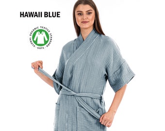 Organic Cotton Hawaii Blue Color 4 Layer Muslin Kimono, Soft Kimono Robe. Soft Absorbent Gauze Bathrobe, Summer Kimono. Robes for women.