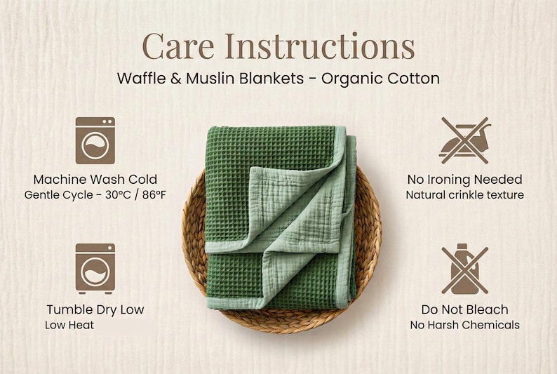 May include: A green waffle and muslin blanket made of organic cotton, folded in a woven basket. The blanket has a textured waffle weave on one side and a smooth muslin on the other. Care instructions include machine wash cold at 86&deg;F.
