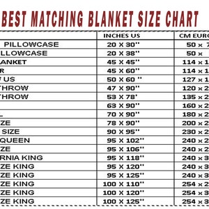 May include: A blanket size chart with measurements in inches and centimeters. Sizes include queen pillowcase (20 x 30 inches), king pillowcase (20 x 38 inches), baby blanket (45 x 45 inches), and various throw, twin, and king sizes.