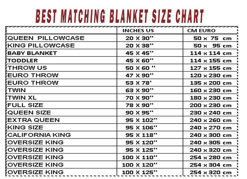 May include: A blanket size chart with measurements in inches and centimeters. Sizes include queen pillowcase (20 x 30 inches), king pillowcase (20 x 38 inches), baby blanket (45 x 45 inches), and various throw, twin, and king sizes.