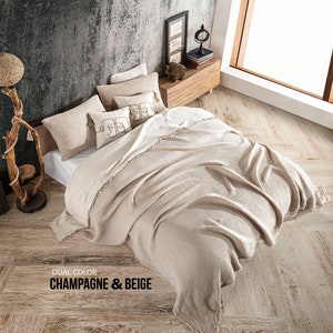 Soft King Dual Color, 4 und 8-lagige Musselin-Bettdecke aus Musselin-Baumwolle, OEKO-TEX-zertifiziert, Decke aus Bio-Baumwolle mit und ohne Fransen Champagne & Beige