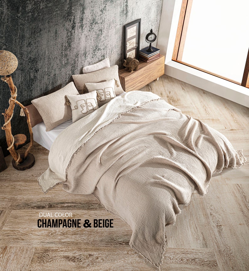 Soft King Dual Color, 4 und 8-lagige Musselin-Bettdecke aus Musselin-Baumwolle, OEKO-TEX-zertifiziert, Decke aus Bio-Baumwolle mit und ohne Fransen Champagne & Beige