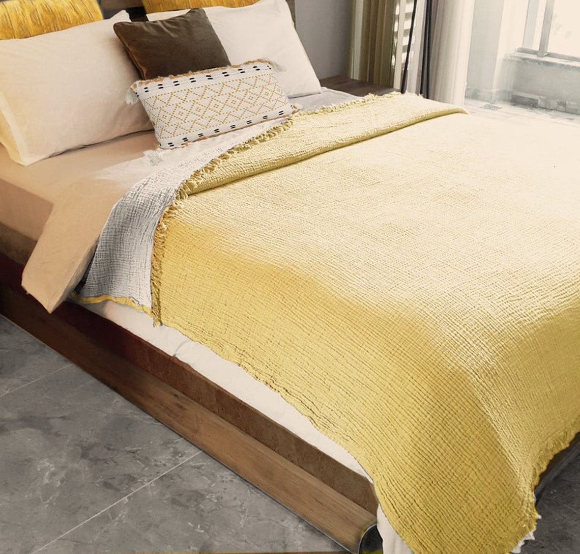 Soft King Gauze Linen Bed Cover Blue Soft Bedspread Organic Etsy