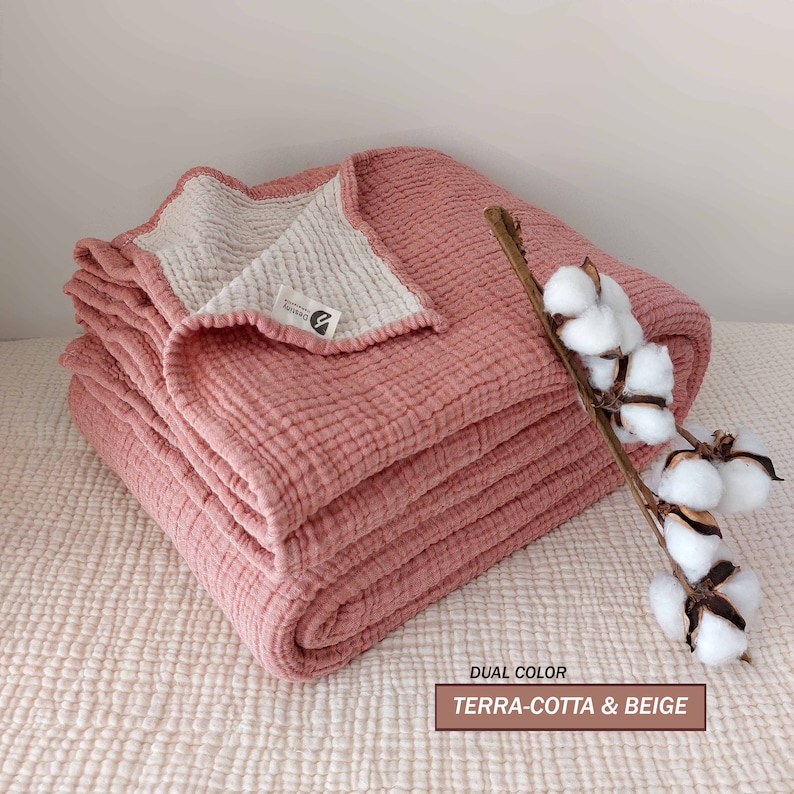 Soft King 4 Layer Gauze Custom Size Muslin Bedcover, OEKO-TEX Certified Bedspread, Organic Cotton Throw Blanket, Twin,Toddler, Baby Blanket Terra-Cotta & Beige