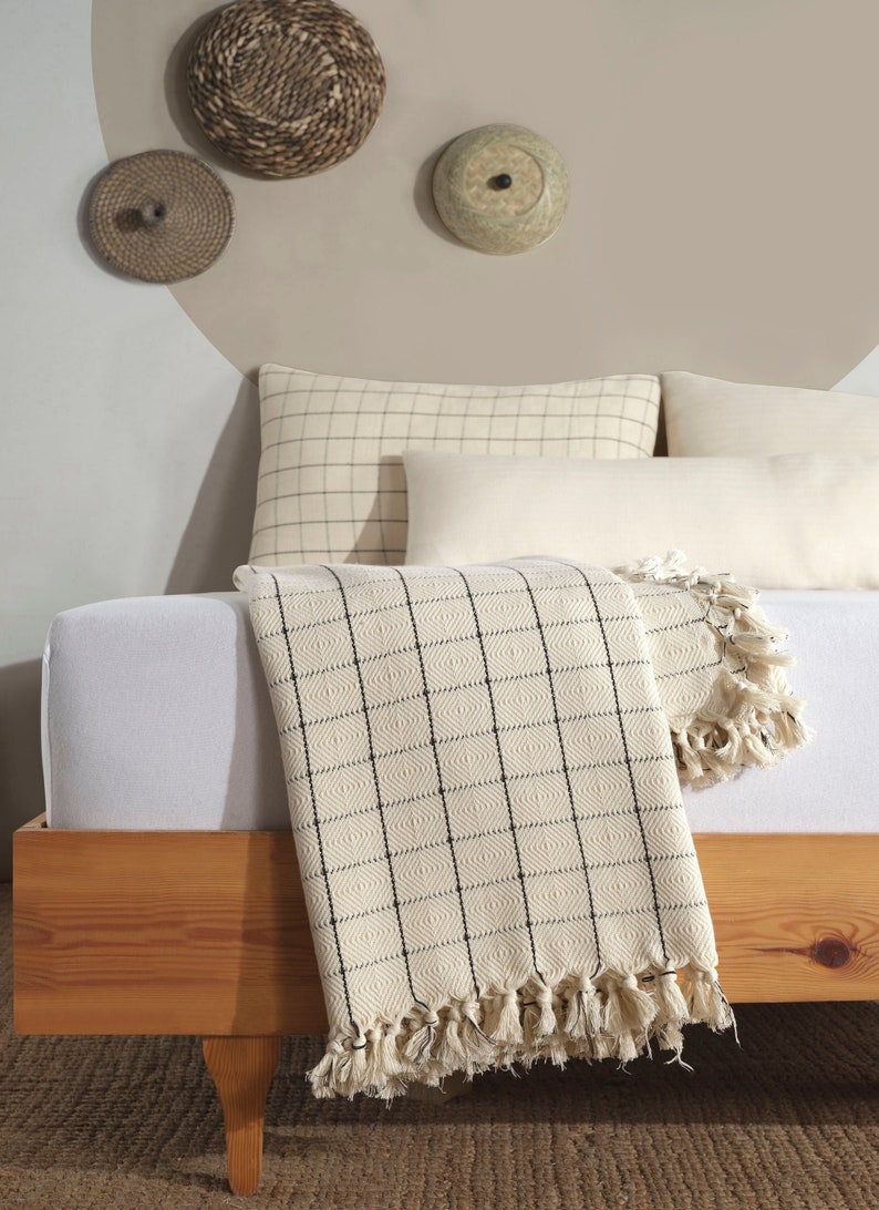 100% Cotton Soft Throw Blanket, Cream Plaid Boho Throw Blanket, Soft Couch Throw, Large Turkish Throw Blanket image 5