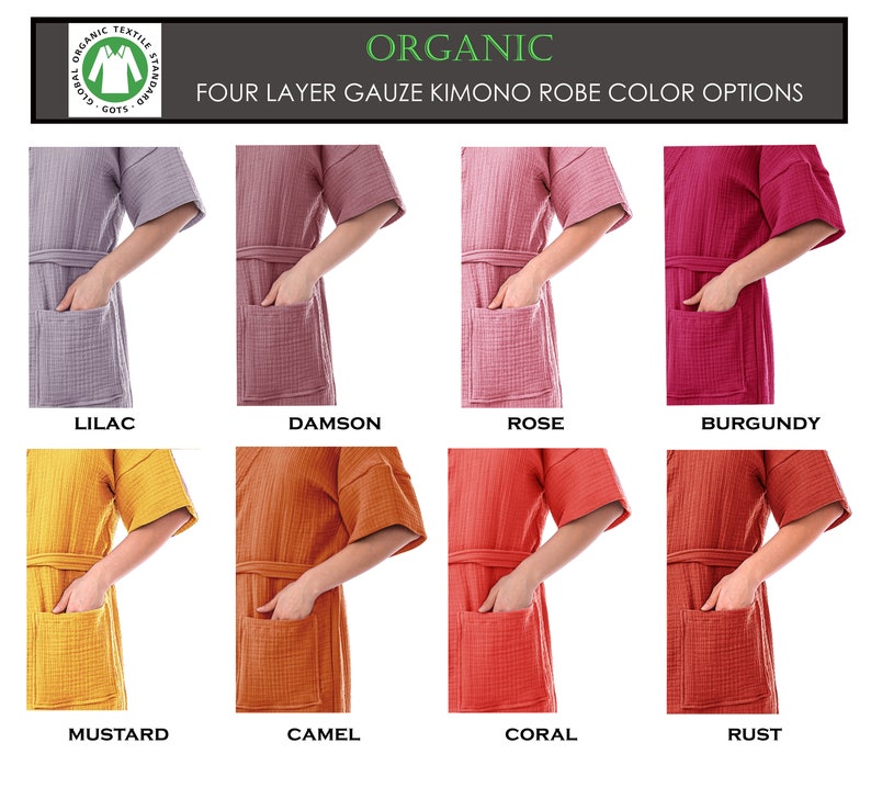 Organic Pure Cotton 4 Layer Gauze Kimono Robe, Muslin Bathrobe, Short & Long Sleeve Kimono, Soft Summer Bathrobe, Adult Kimono Robe image 8