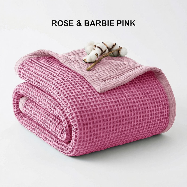 Organic Cotton 8-Layer Waffle & Muslin Blanket – Custom Sizes Available – Waffle Top with Muslin Base – Baby to California King Rose & Barbie Pink