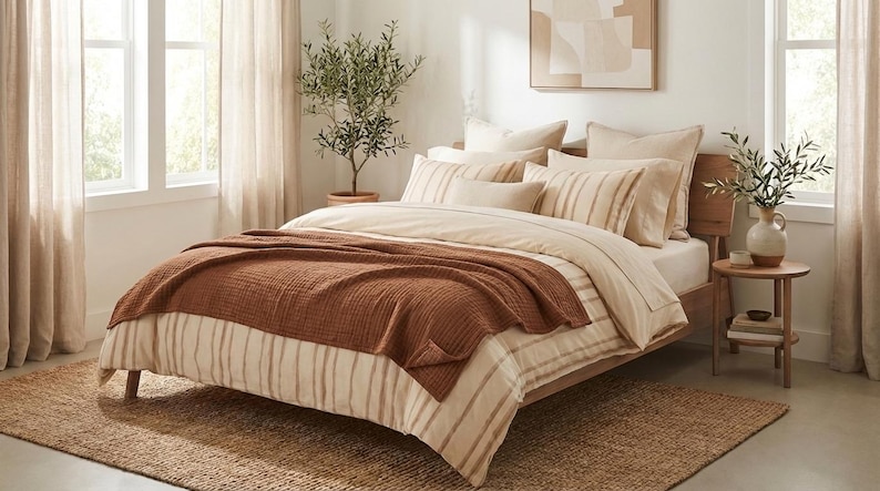May include: A bed featuring a beige and white striped duvet cover, multiple matching pillows, and a textured rust-colored waffle-weave throw blanket draped across the foot. The bed frame is made of wood and sits on a woven jute area rug.