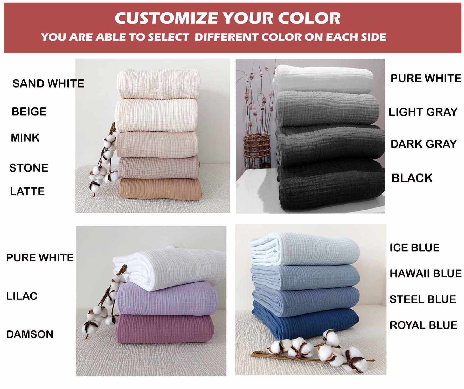 Organic Cotton,Dual Color 8 Layer Muslin, Gauze Throw Blanket, Pure Cotton Custom Size and Custom Colored, For Baby, Toddler, Teen and Adult - 8 Layer 70 x 90 inches, Damson & Lilac