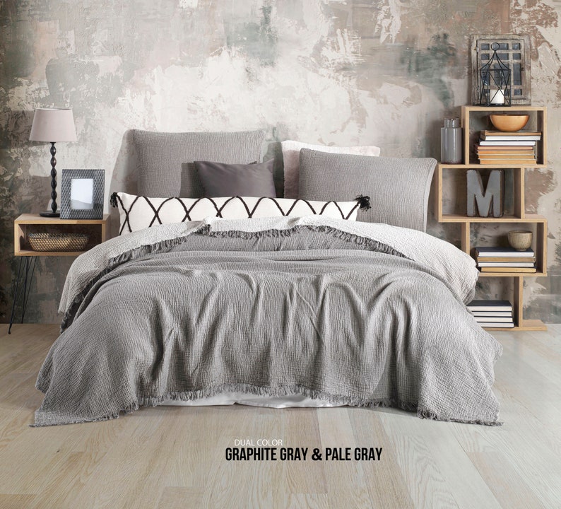 Soft King Dual Color, 4 und 8-lagige Musselin-Bettdecke aus Musselin-Baumwolle, OEKO-TEX-zertifiziert, Decke aus Bio-Baumwolle mit und ohne Fransen G.Gray & Pale Gray