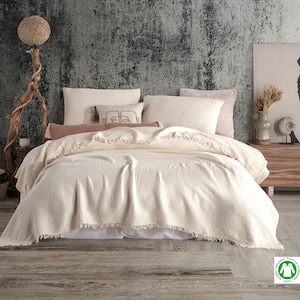 Organic Cotton Sand White Color Muslin Blanket, Gauze Muslin Bed Cover, Muslin Throw, Muslin Bedding,King,Queen,Teen and Toddler