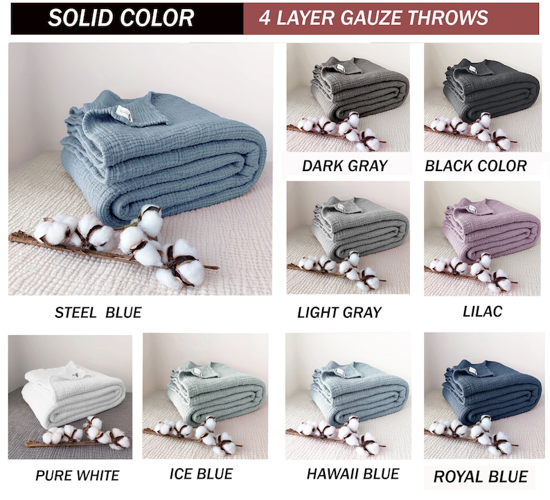 May include: A collection of 4-layer gauze throws in various solid colours, including steel blue, dark grey, light grey, lilac, pure white, ice blue, hawaii blue, and royal blue. The throws are folded and displayed on a white surface.