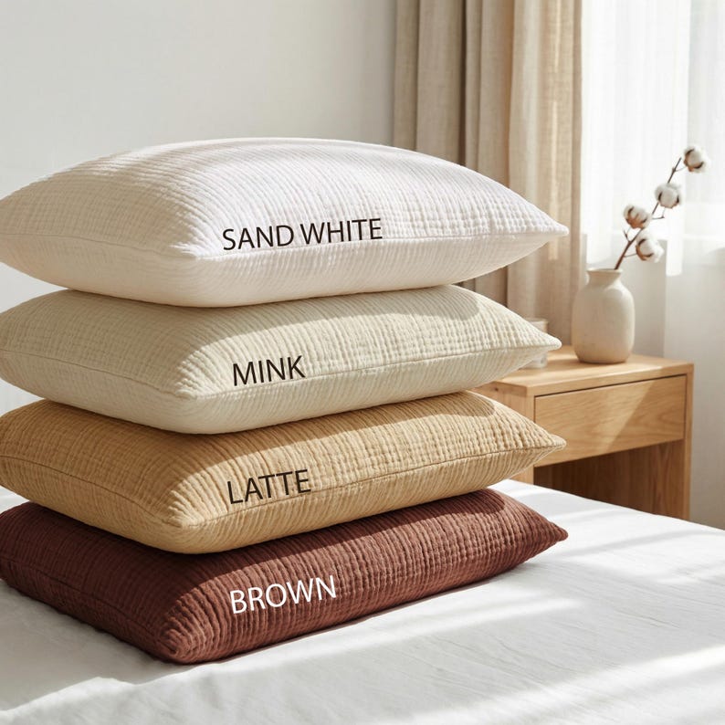 Pode incluir: Quatro almofadas quadradas empilhadas, cada uma de uma cor neutra diferente: branco areia, vison, caf&eacute; com leite e castanho. As fronhas t&ecirc;m um aspeto texturizado e enrugado. Os nomes das cores est&atilde;o impressos nas almofadas.