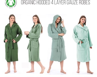 Unisex Bio-4-Schicht-Musselin-Robe mit Kapuze, Baumwoll-Musselin-Robe, Kimono-Robe aus Baumwolle, weiche Roben für Frauen, übergroßes Gaze-Kleid