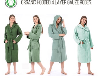 Unisex Organic 4 Layer Gauze Hooded Robe, Cotton Muslin Robe, Gauze Robe, Cotton Kimono Robe, Soft Robes for Women, Oversized Gauze Dress