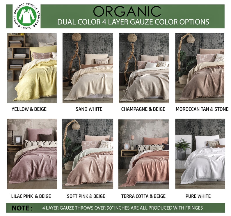 Soft King Dual Color,4 and 8 Layer Gauze Cotton Muslin Bedcover, OEKO-TEX Certified ,Organic Cotton Throw Blankets With and Without Fringes image 6