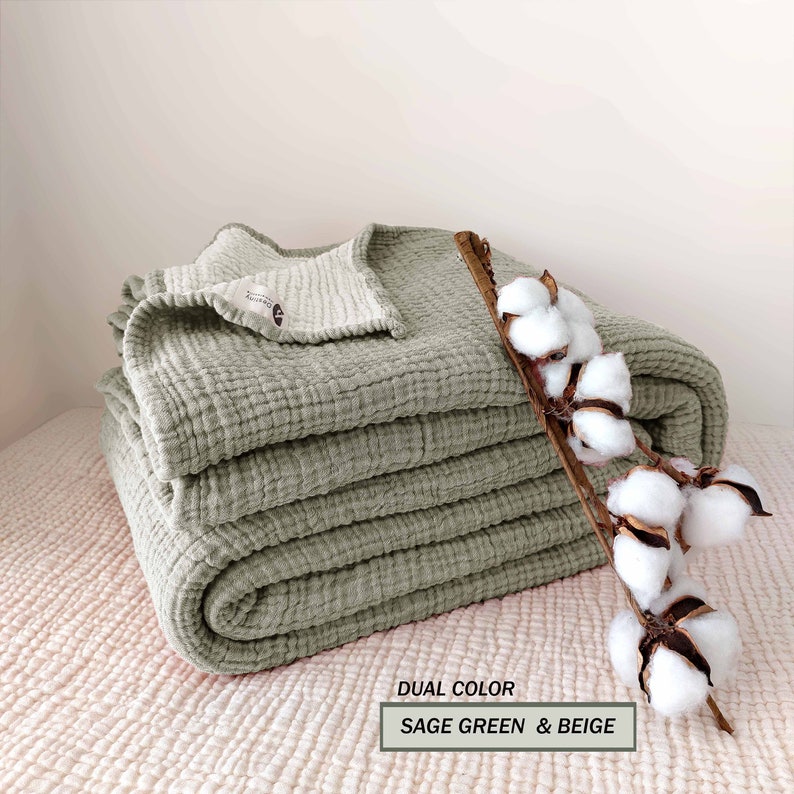 Soft King 4 Layer Gauze Custom Size Muslin Bedcover, OEKO-TEX Certified Bedspread, Organic Cotton Throw Blanket, Twin,Toddler, Baby Blanket Sage Green & Beige