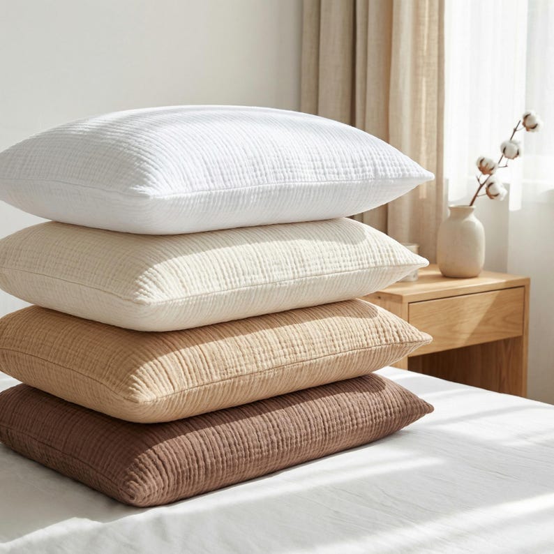 Pode incluir: Uma pilha de quatro almofadas quadradas em tons neutros: branco, creme, bege e castanho. As almofadas t&ecirc;m uma superf&iacute;cie texturizada e canelada. Est&atilde;o dispostas sobre uma cama branca, iluminadas por luz natural.