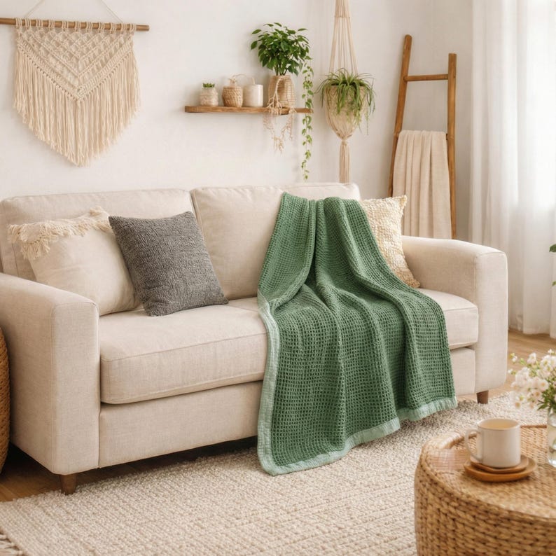 May include: A cozy living room scene featuring a beige sofa adorned with pillows and a green waffle-knit throw blanket. The room is decorated with macrame wall art, plants, and a wooden ladder with a blanket, creating a warm, inviting atmosphere.