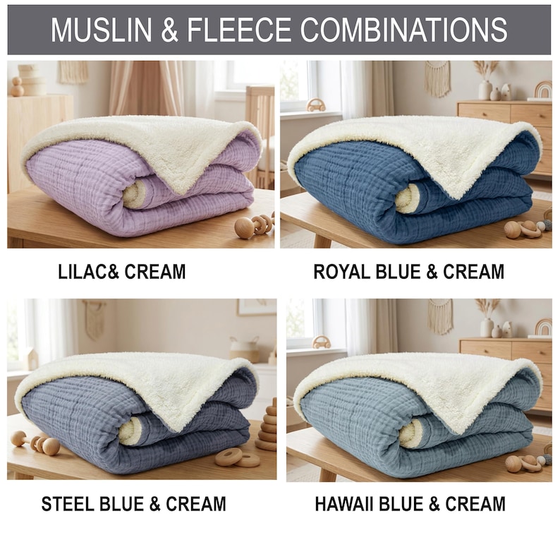 K&ouml;nnte beinhalten: Gezeigt werden vier gefaltete Decken mit Musselin- und Fleece-Kombinationen. Die Decken sind in den Farben Flieder, K&ouml;nigsblau, Stahlblau und Hawaii-Blau gehalten, jeweils kombiniert mit cremefarbenem Fleece. Der Text "MUSLIN & FLEECE COMBINATIONS" steht oben.