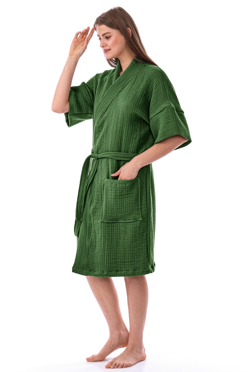 Organic Pure Cotton 4 Layer Gauze Kimono Robe, Muslin Bathrobe, Short & Long Sleeve Kimono, Soft Summer Bathrobe, Adult Kimono Robe image 2
