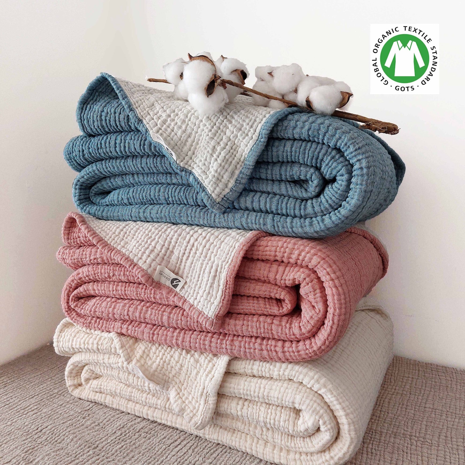 Organic Cotton Muslin Bedspreads, Soft 4 and 8 Layer Gauze Throw Blankets - Mink, Queen Size 90x95'' US/CA