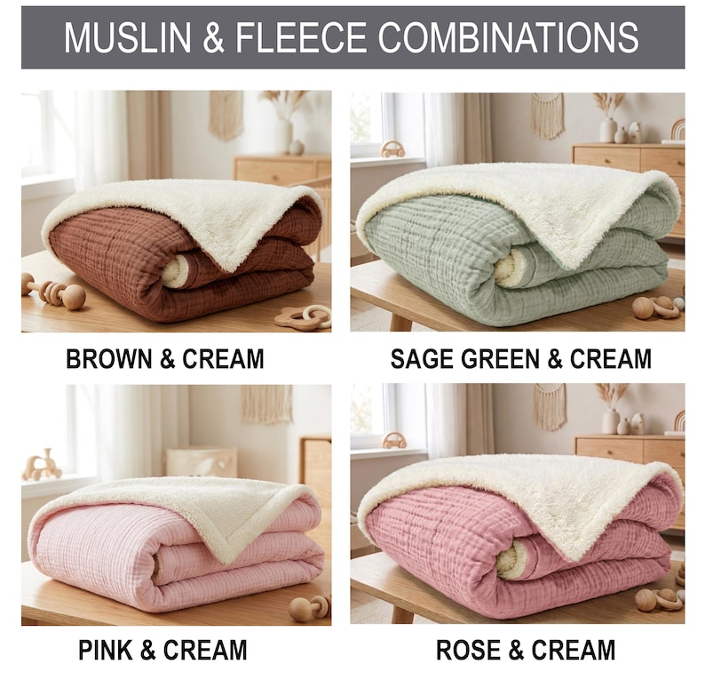 K&ouml;nnte beinhalten: Vier gefaltete Decken mit Musselin- und Fleece-Kombinationen in den Farben Braun und Creme, Salbeigr&uuml;n und Creme, Rosa und Creme sowie Rose und Creme. Der Text "MUSLIN & FLEECE COMBINATIONS" steht oben auf dem Bild.