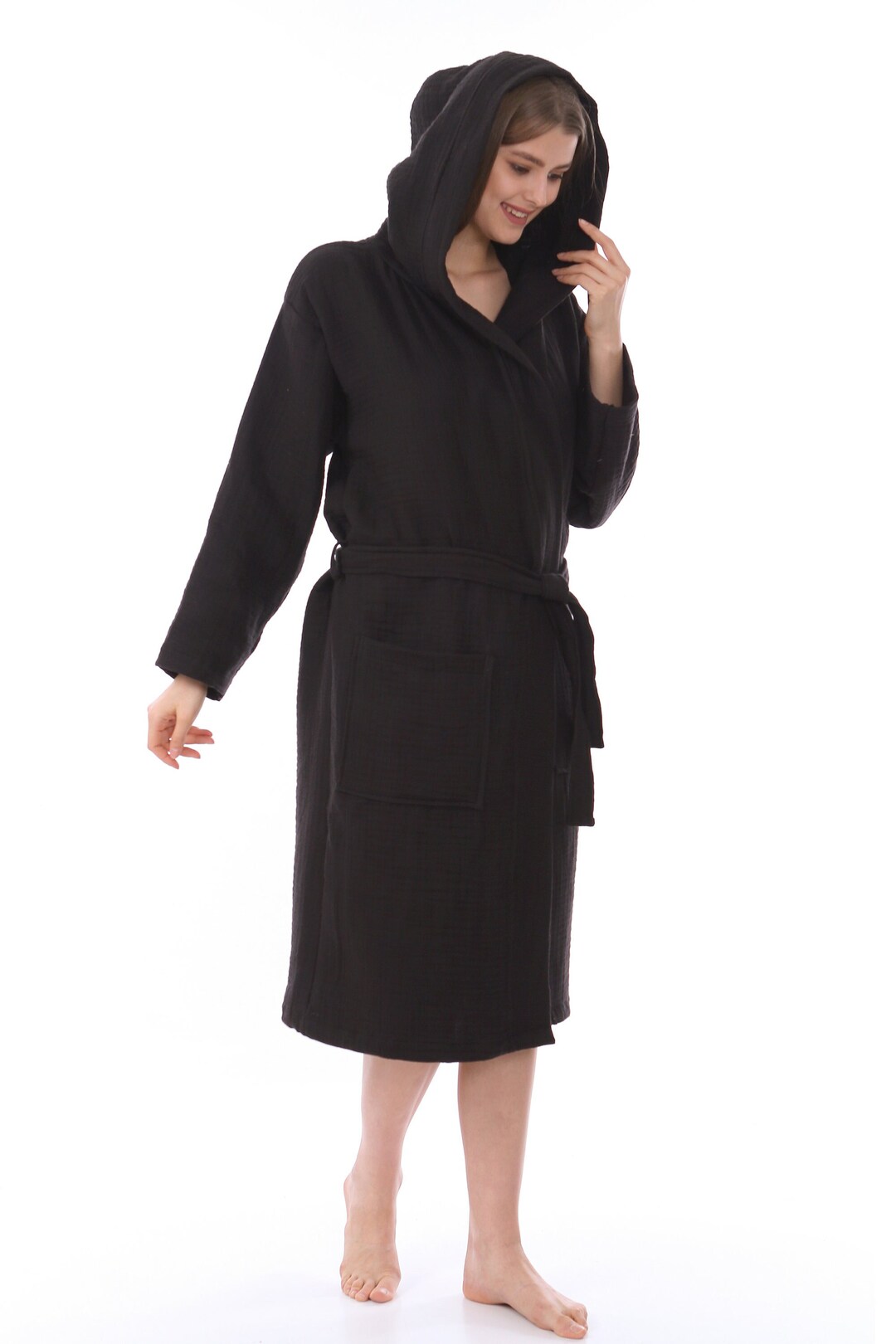Black Loungewear Housecoat Natural Cotton Gauze Bathrobe Etsy