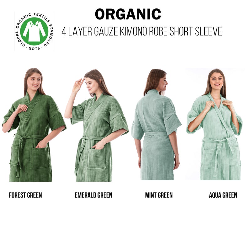 Organic Pure Cotton 4 Layer Gauze Kimono Robe, Muslin Bathrobe, Short & Long Sleeve Kimono, Soft Summer Bathrobe, Adult Kimono Robe image 6