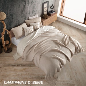 Soft King Zweifarbige, 4-lagige Gaze, Champagner und Beige Farbe, OEKO-TEX-zertifiziert, Decke aus Bio-Baumwolle mit und ohne Fransen Champagne & Beige