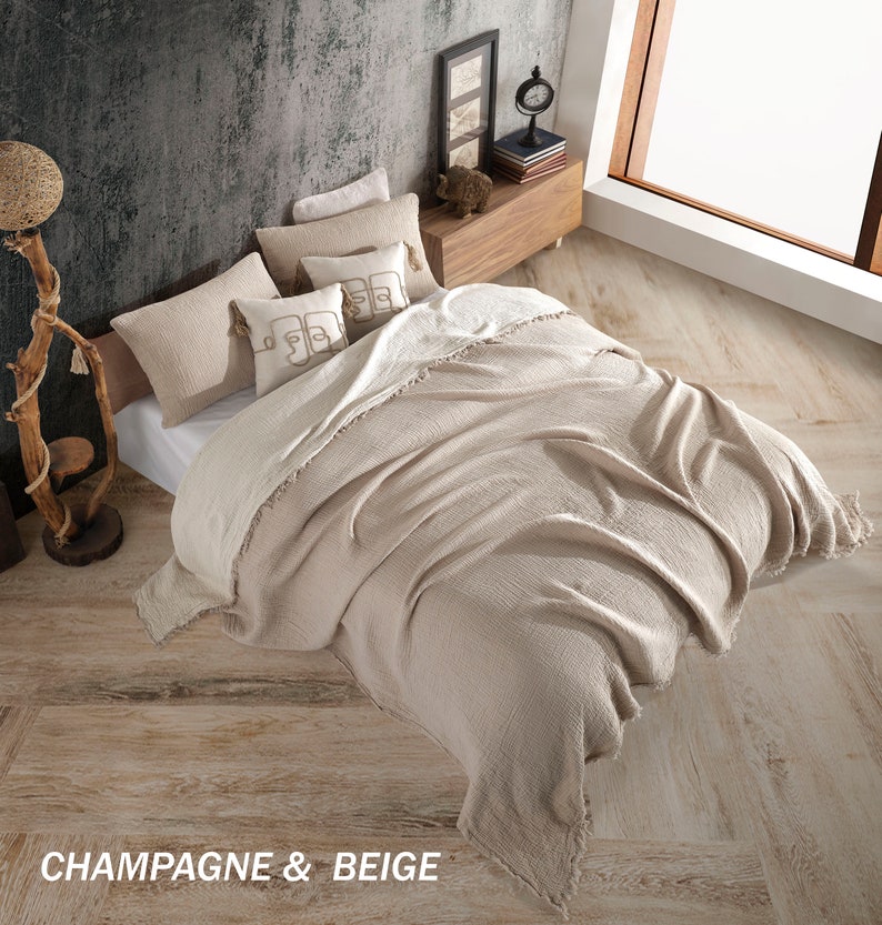 Soft King Zweifarbige, 4-lagige Gaze, Champagner und Beige Farbe, OEKO-TEX-zertifiziert, Decke aus Bio-Baumwolle mit und ohne Fransen Champagne & Beige