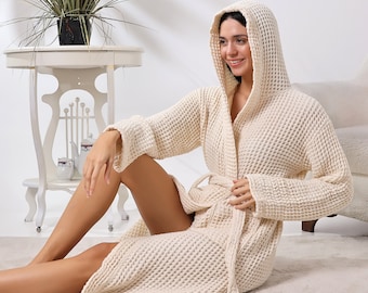 Waffel-Robe aus Bio-Baumwolle: Türkischer handgefertigter Unisex-Bademantel