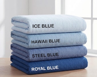 Tones of Blue Organic Cotton Muslin Throw Blanket, 4-Layer Gauze Bedspread, Toddler to Oversized King, Custom Sizes & Colors