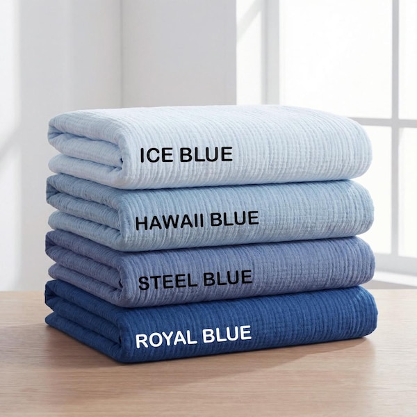 Tones of Blue Organic Cotton Muslin Throw Blanket, 4-Layer Gauze Bedspread, Toddler to Oversized King, Custom Sizes & Colors