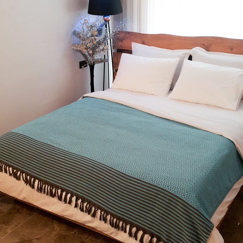 Oversized Boho Blanket, Cotton Bed Throw Blanket, Cotton Farmhouse Blanket, Natural Turkish Blanket, Large Bed Cover Turquoise