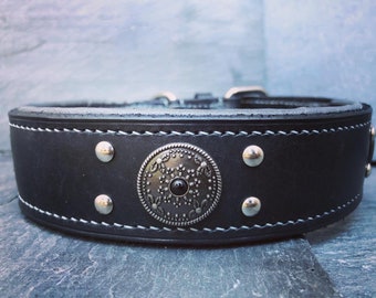 Handmade Black Leather Dog Collar: Padded, Conchos & Studs