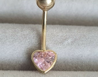 9ct Yellow Gold Pink Cubic Zirconia Love Heart Shaped Belly Bar