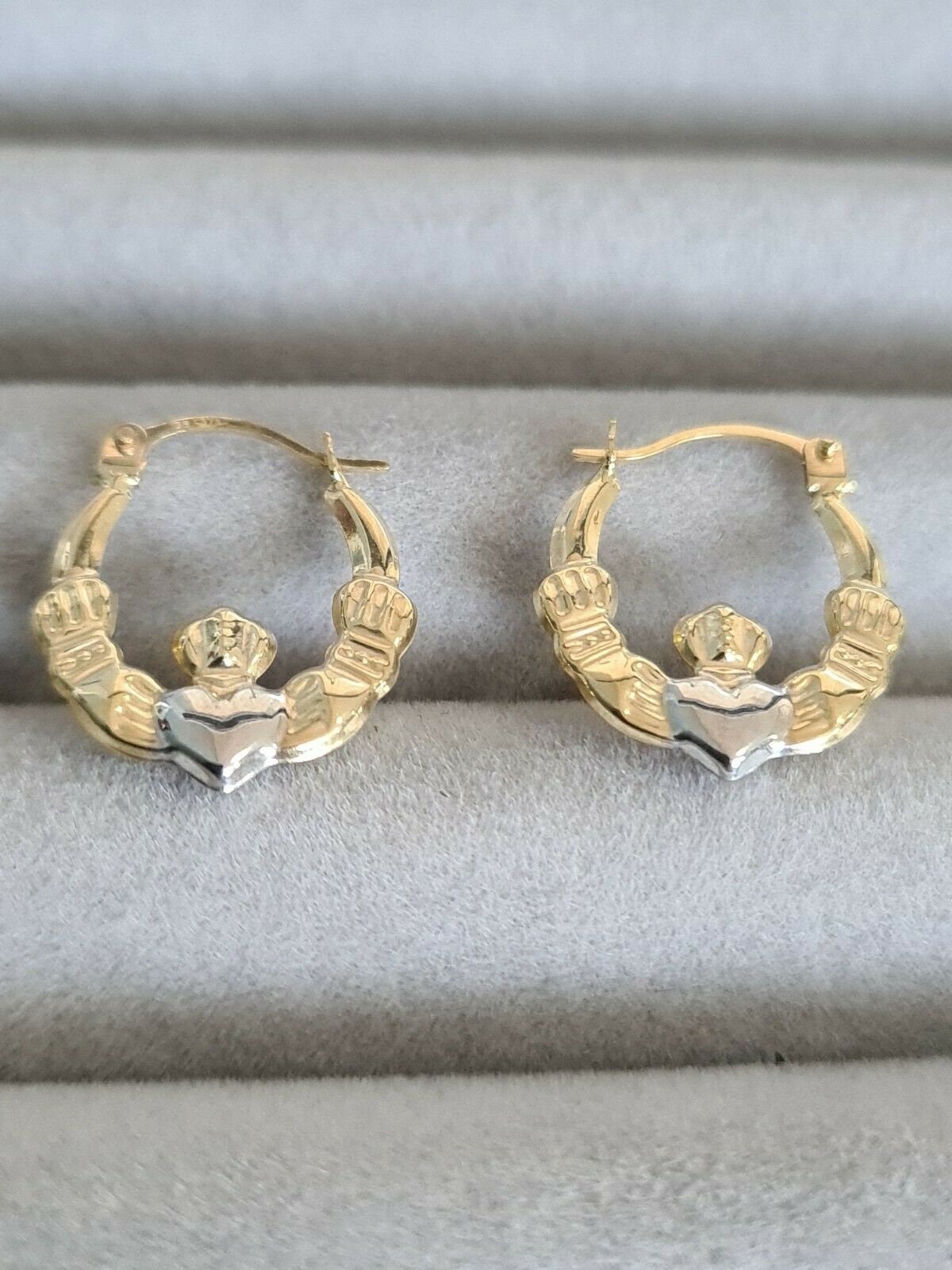9ct Yellow Gold White Heart Claddagh Creole Round 14mm Hoops Earrings