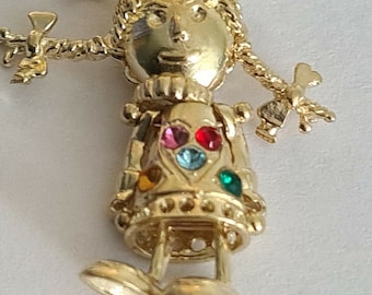 9CT Yellow Gold Multi-Coloured CZ 14MM X 31MM 'Moving Rag Doll' Pendant