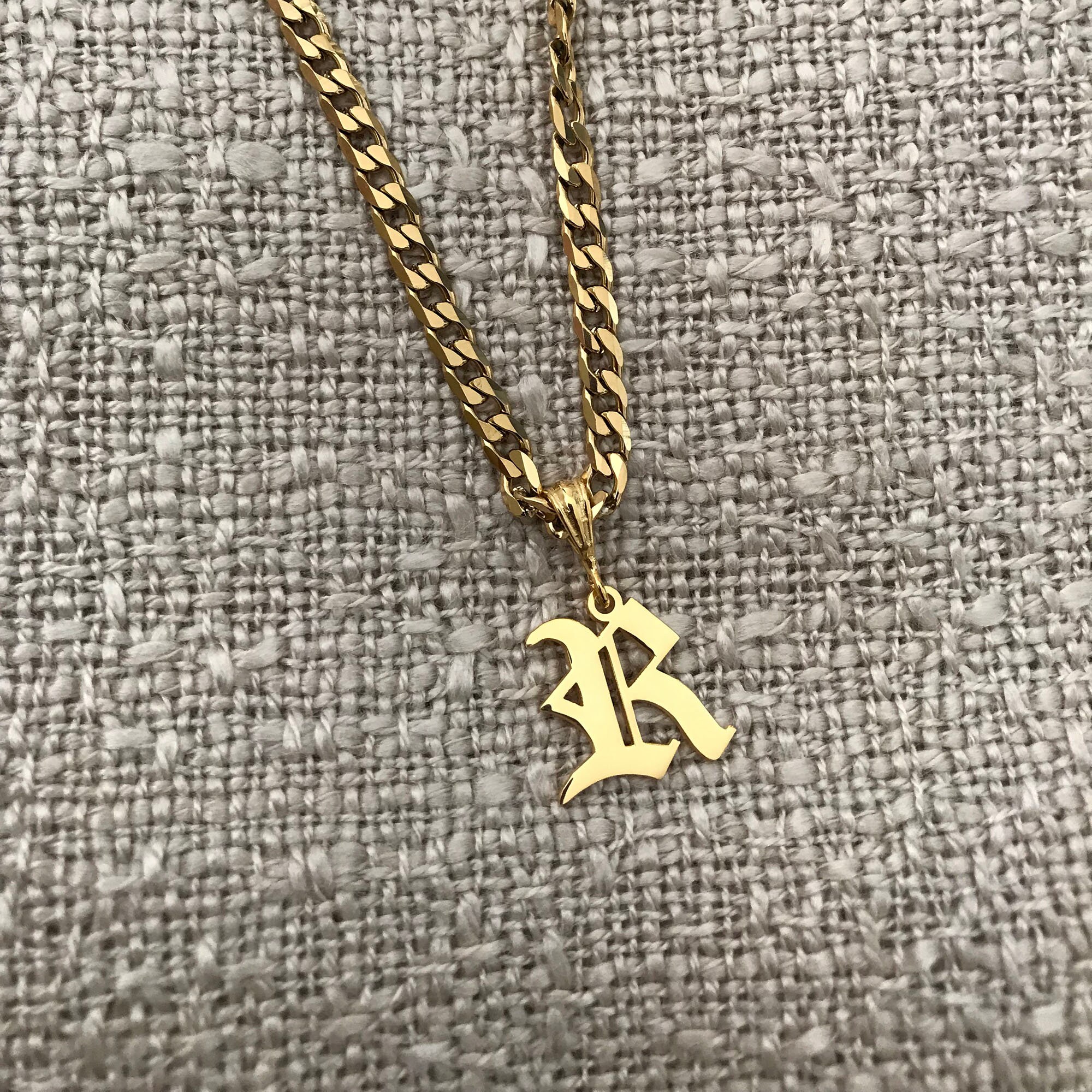 14K Gold P. Letter Necklace, Customized Pendant, Curb Chain Letter