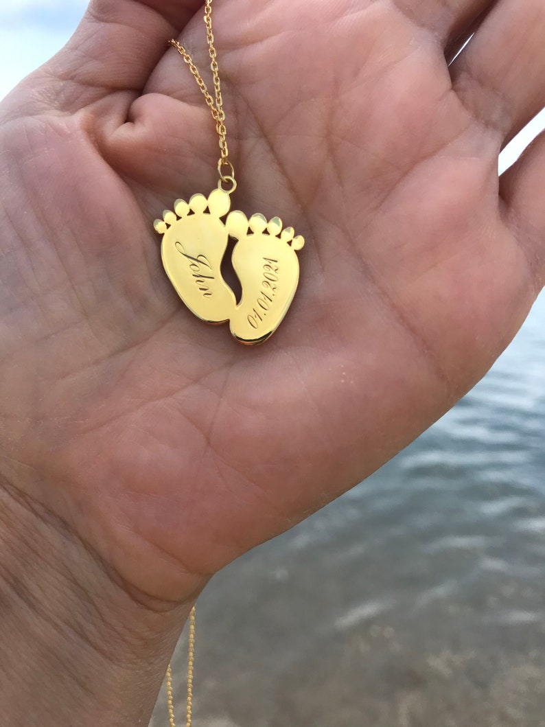 Silver Baby Feet Necklace Name Engraved Necklace Birthday Etsy
